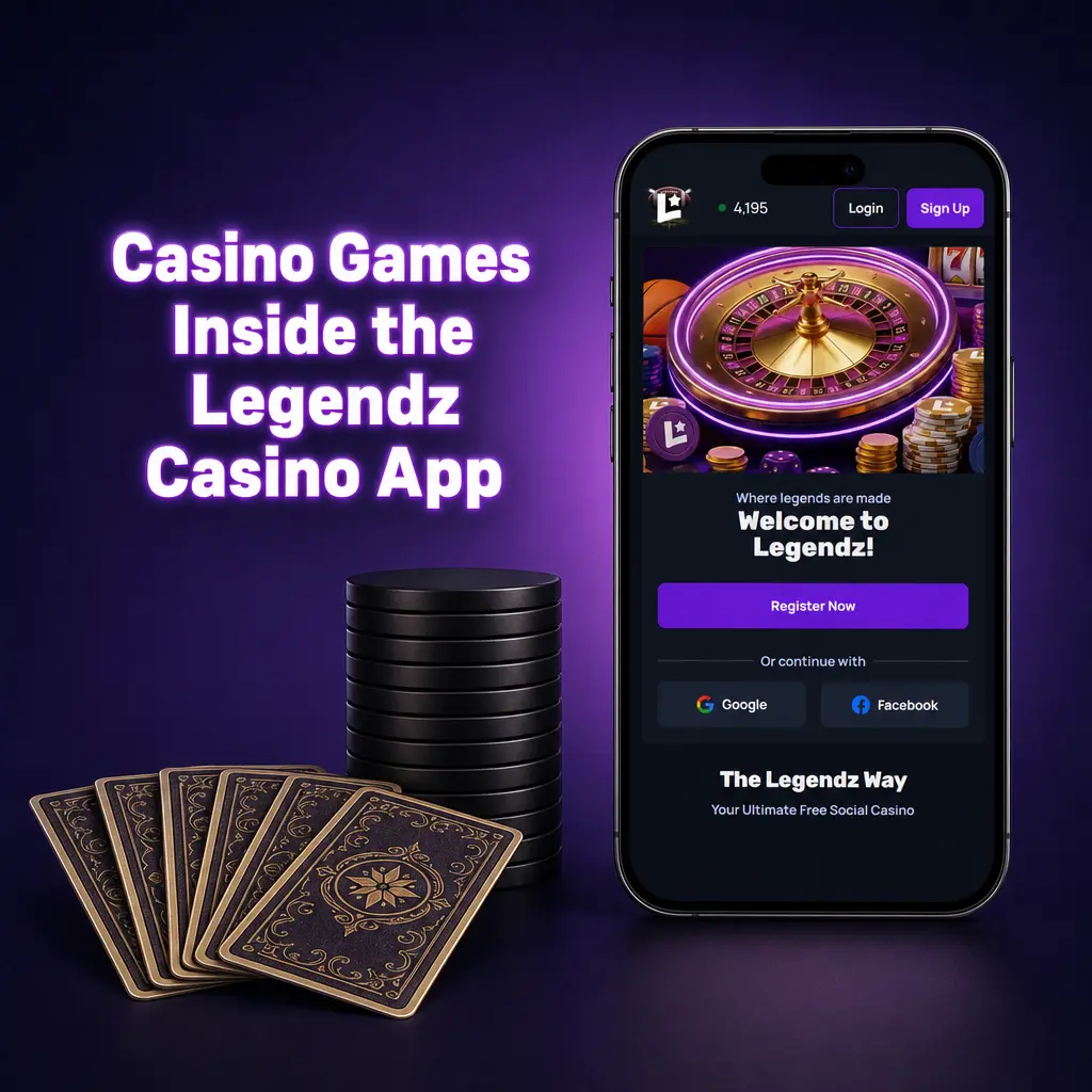 Legendz Casino app showing casino games including slots, live dealer blackjack, roulette, and baccarat tables