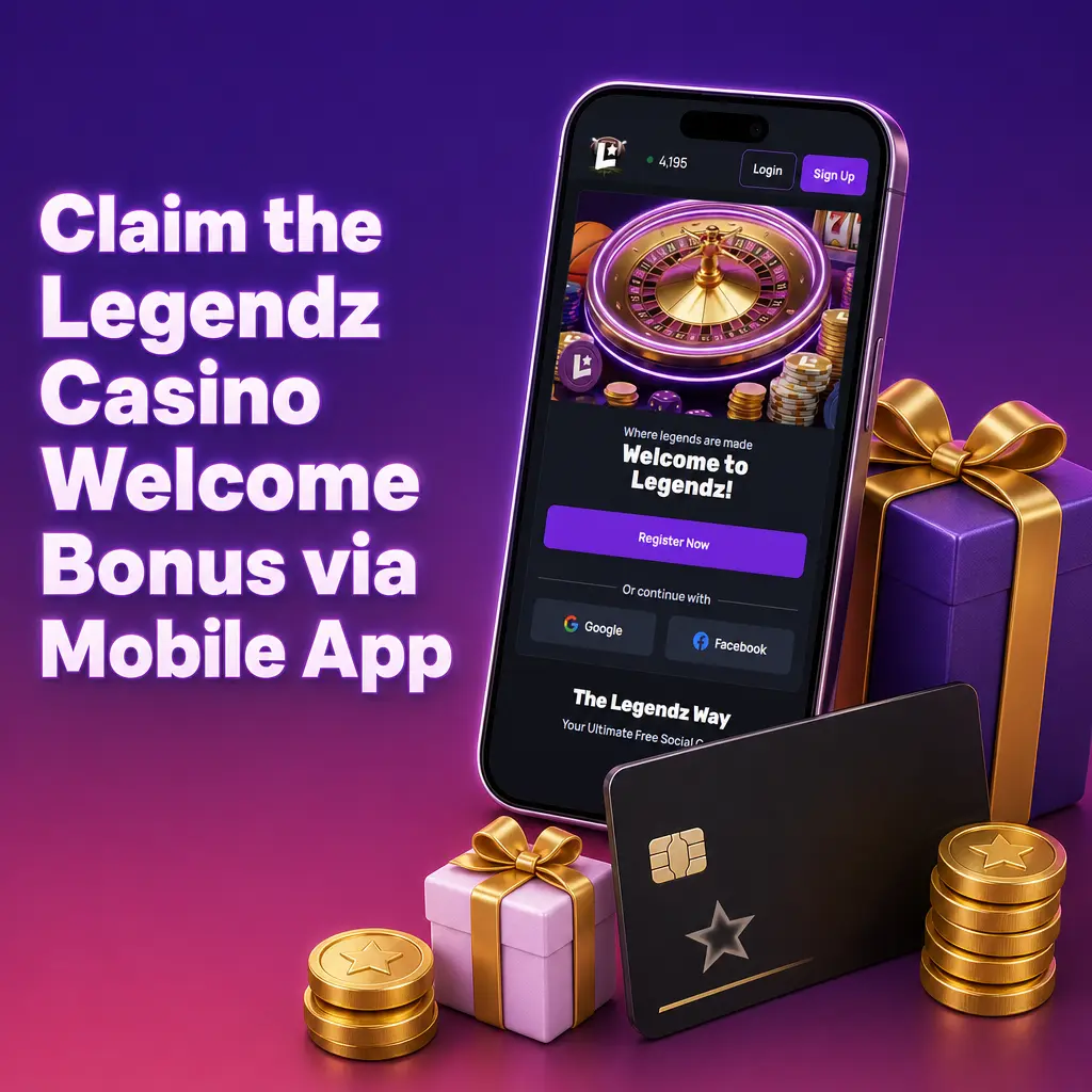 Legendz Casino mobile app screen showing welcome bonus claim with Gold Coins and Sweeps Coins on iOS and Android.