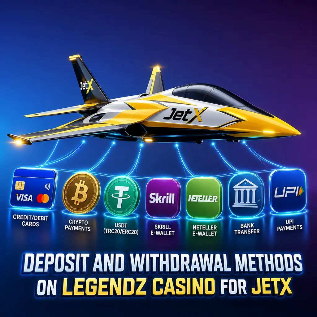 Deposit and withdrawal methods on Legendz Casino for JetX, including Visa, Mastercard, Skrill, and Instant Bank Transfer options