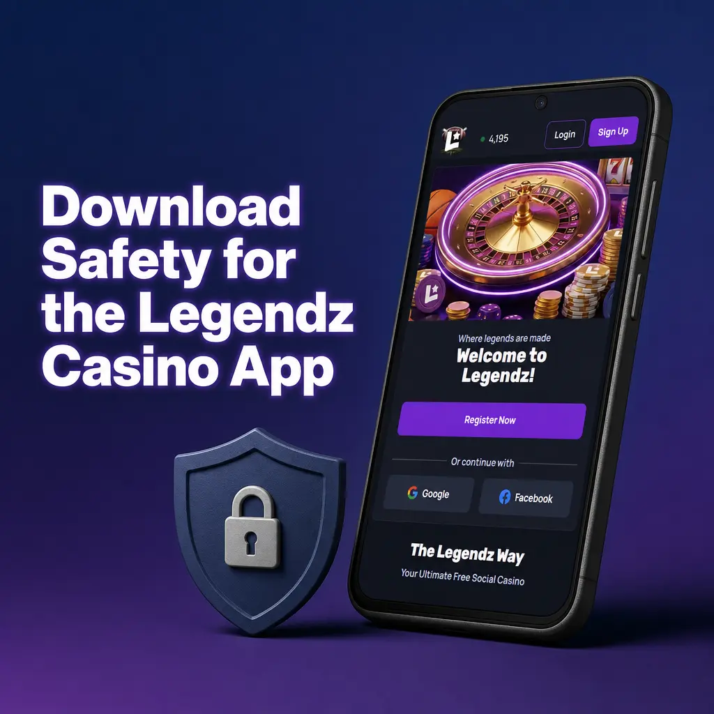 Legendz Casino app download page showing SSL encryption, age verification, and secure APK sweepstakes gaming access