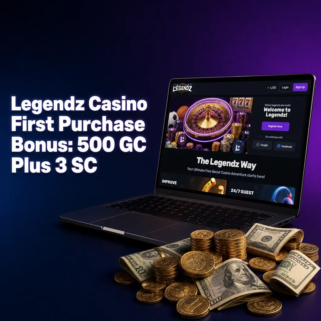 Legendz Casino first purchase bonus: get 500 Gold Coins plus 3 Sweeps Coins on your initial Gold Coin package.
