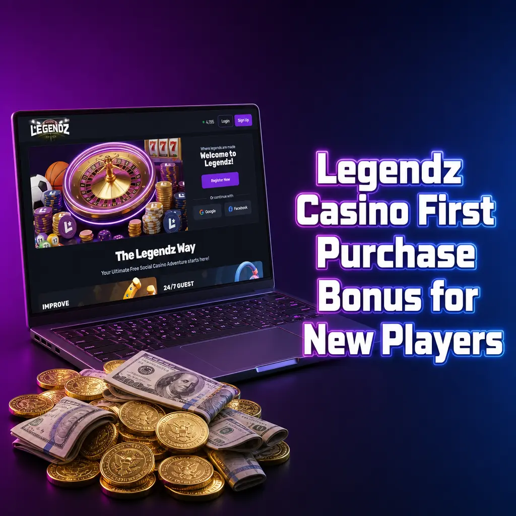 Legendz Casino first purchase bonus: get 500 Gold Coins plus 3 Sweeps Coins for USD 4.99 as a new player.
