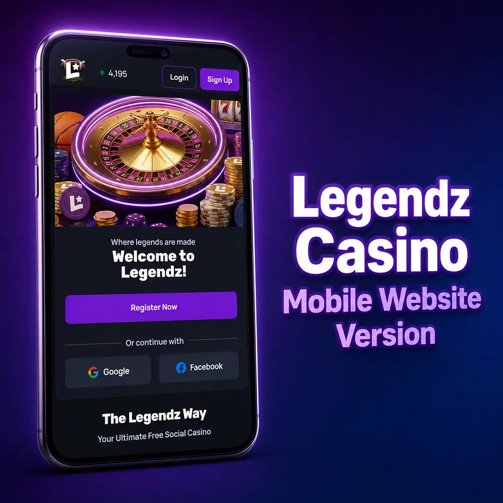 Legendz Casino mobile website on smartphone showing sports betting, slots, and live casino games in browser