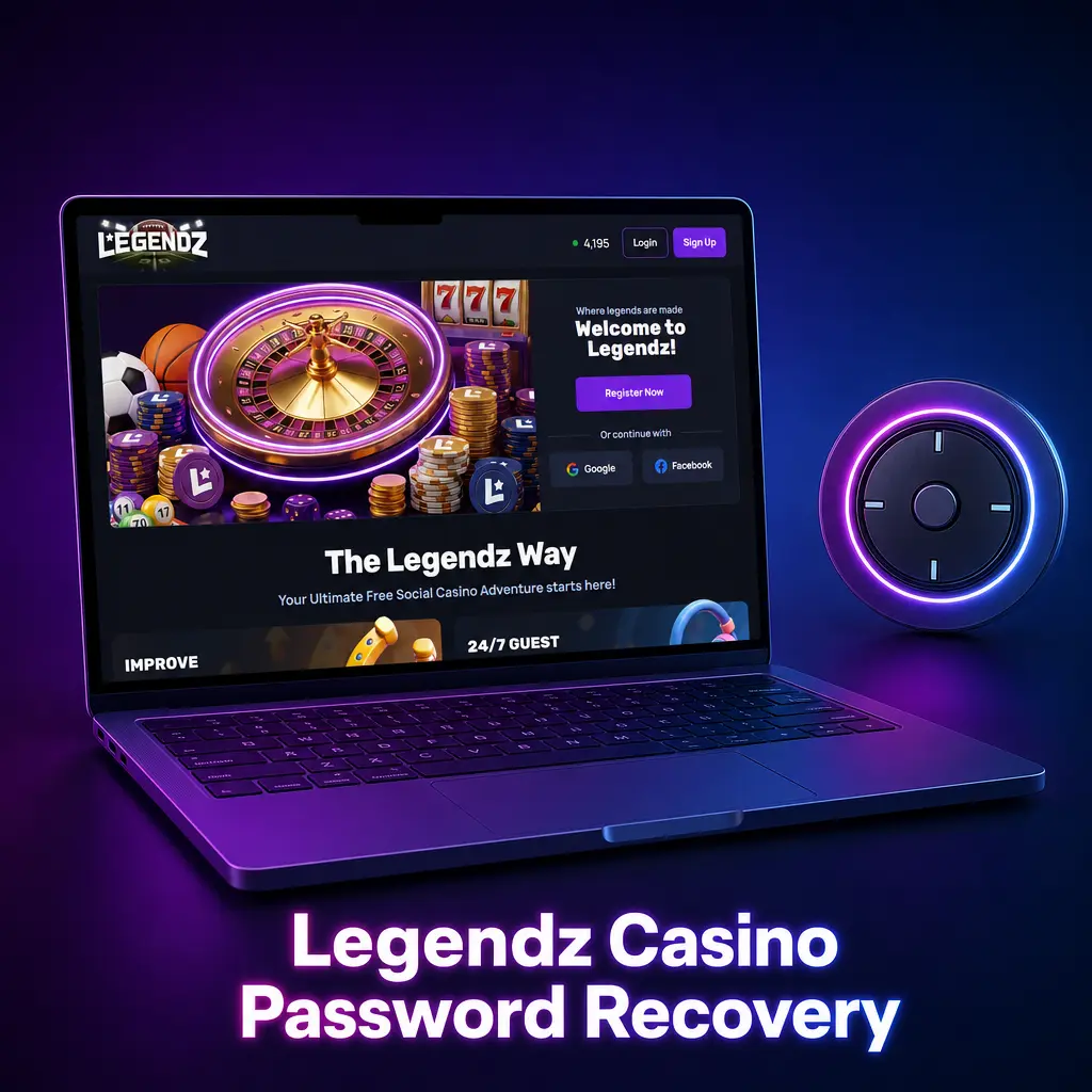 Legendz Casino password recovery screen showing steps to reset login credentials via email or mobile code.