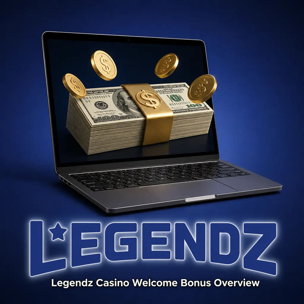 Legendz Casino welcome bonus chart showing sign up bonus and first deposit bonus details for US players
