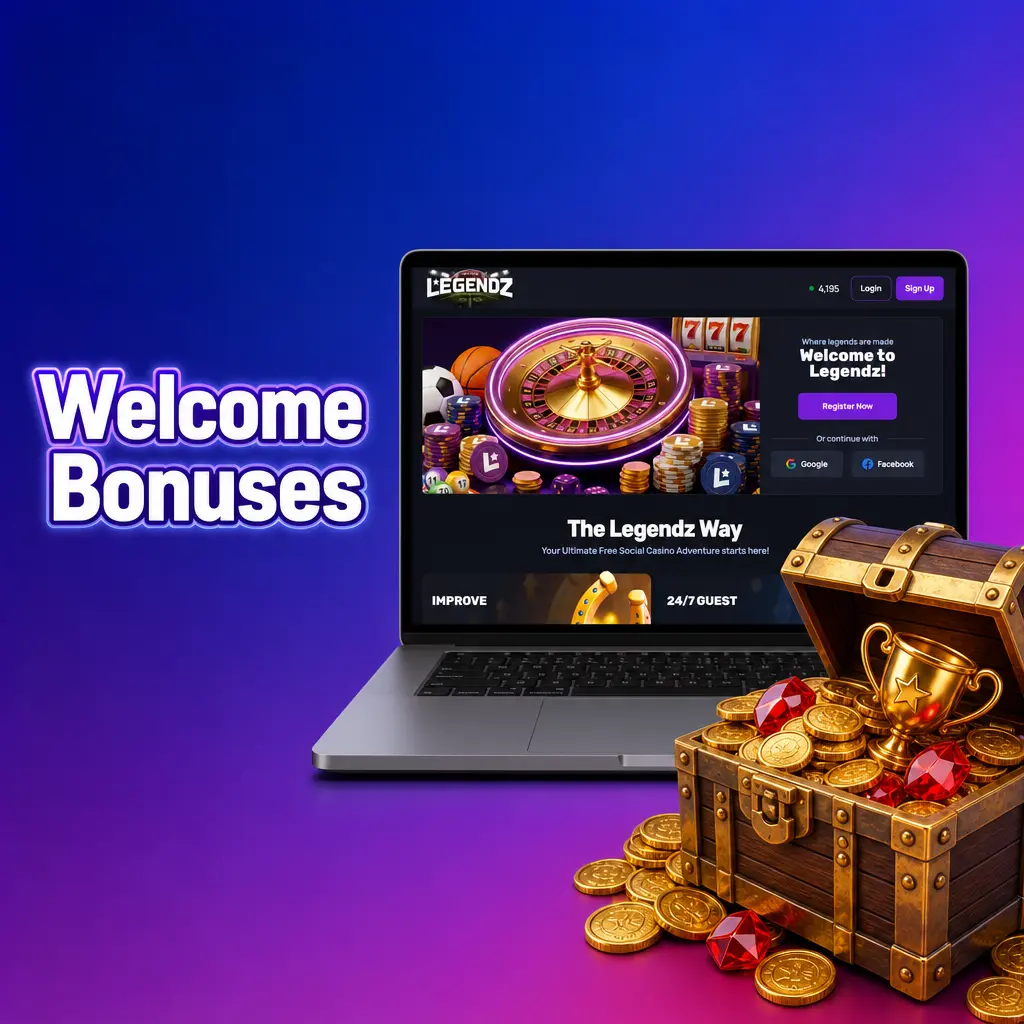 Legendz Casino welcome bonus: 500 Gold Coins, 3 Sweeps Coins, plus first purchase match up to 50,000 GC and 30 SC