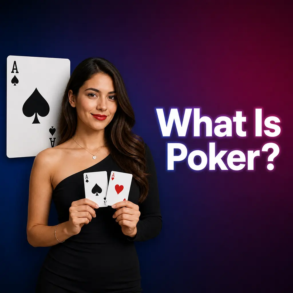 Poker card game guide showing hand rankings, betting rounds, and variants like Texas Hold'em at Legendz Casino