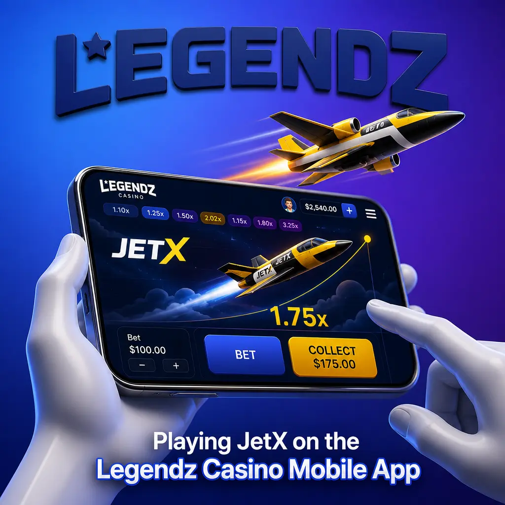 Playing JetX on the Legendz Casino mobile app for Android and iOS with full account access and welcome bonus