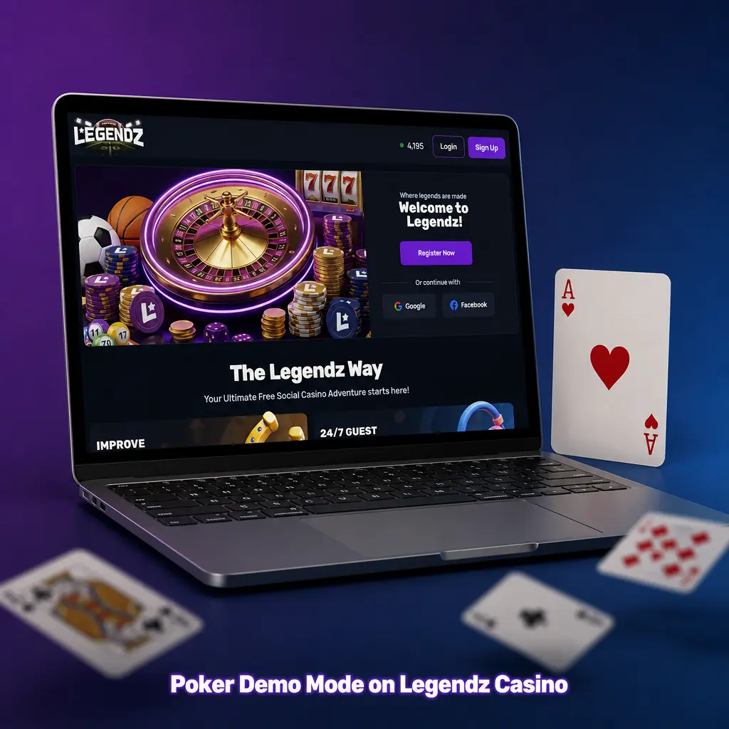 Legendz Casino poker demo mode showing free Gold Coins gameplay with full betting and dealer features enabled
